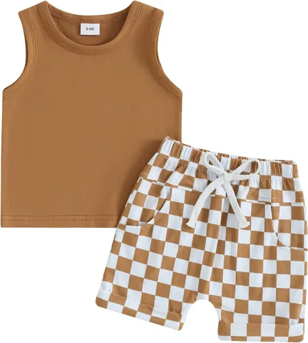 Vista 16 de Kupretty Ropa para bebé niño de 6, 12, 18, 24 meses, 2T 3T, trajes de verano, sin mangas, camiseta y pantalones cortos casuales Negro