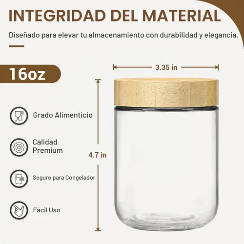 Vista 2 de NETANY Paquete de 6 tarros de vidrio de 16 onzas con tapas herméticas, recipientes de avena durante la noche con tapas de bambú, tarros de ensalada