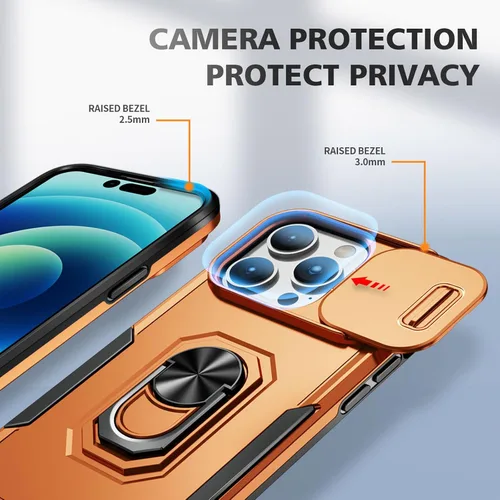 Vista 3 de Funda de teléfono para iPhone 14 Pro Max, funda para iPhone 14 Pro Max con cubierta para lente de cámara, con soporte de anillo y pie de apoyo