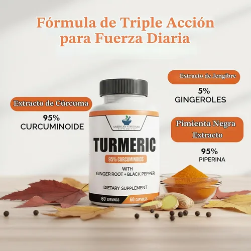 Vista 3 de American Standard Supplements Extracto de cúrcuma – Curcumina 95% con extracto de raíz de jengibre y extracto de pimienta negra – 60 cápsulas
