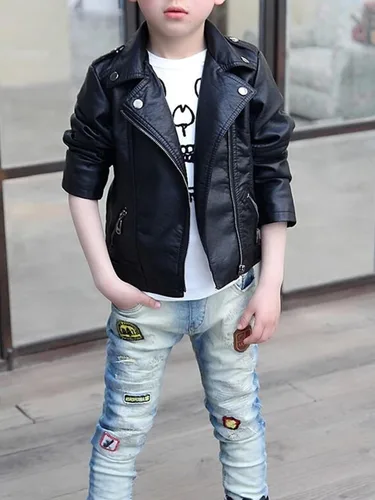 Vista 3 de LOKTARC Boys Girls Spring Motorcycle Faux Leather Jackets with Oblique Zipper