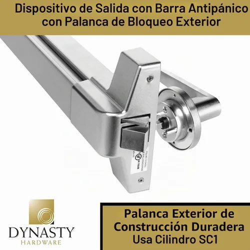 Vista 2 de Dynasty Hardware dispositivo de salida de pánico, barra para empujar, de aluminio, con palanca exterior