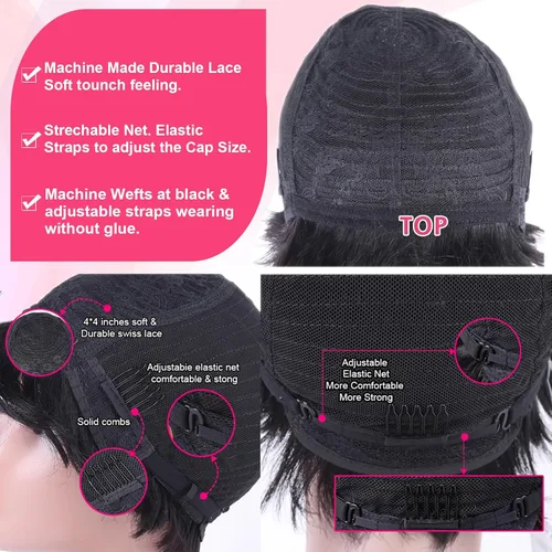 Vista 5 de Peluca de cabello humano con corte Pixie para mujeres negras, 100% cabello humano real, peluca corta y recta sin pegamento con flequillo, hecha a