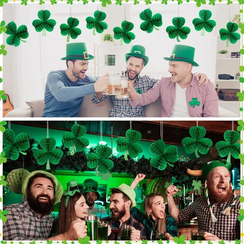 Vista 6 de Karenhi 12 piezas de decoración grande del día de San Patricio de 6.7 pulgadas, adornos de panal de abeja de trébol irlandés 3D, decoración de techo
