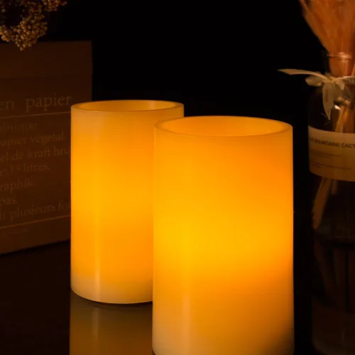 Vista 3 de Homemory Velas de cera sin llama de 5 x 3 pulgadas, velas LED de pilar con control remoto y temporizador, luz parpadeante amarilla ámbar