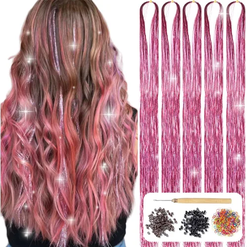 Vista 10 de Kit de oropel para el cabello con herramientas de 48 pulgadas, 1200 hebras de cabello de oropel dorado, resistentes al calor, extensiones de cabello