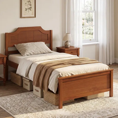Vista 3 de GIANTEX Twin Size Wooden Bed Frame with Headboard, Wood Slat Support Farmhouse Platform Bed with Heavy Duty Mattress Foundation, Under-Bed