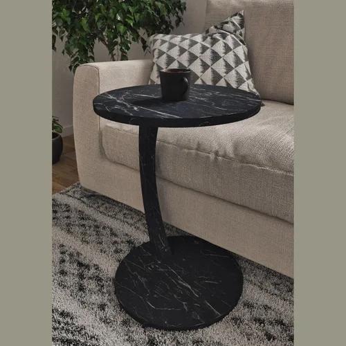 Vista 3 de Mesa auxiliar en forma de C para sofá, lugares pequeños, mesa auxiliar redonda de mármol sintético negro, ahorradora de espacio, mesa lateral