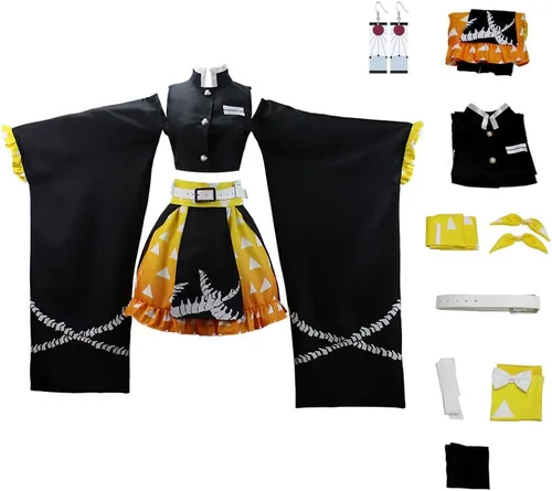 Vista 2 de Juejuezi Nuevo Zenitsu Tanjirou Cosplay Disfraz Anime Kimono Halloween Off Hombro Falda Shinobu traje con pendientes