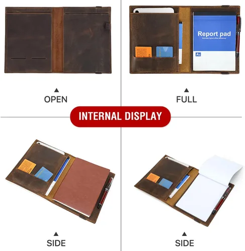 Vista 7 de Top Grain Leather - Padfolio de 8.3 pulgadas para hombres y mujeres, diseño vintage hecho a mano, organizador multifuncional de cartera de negocios