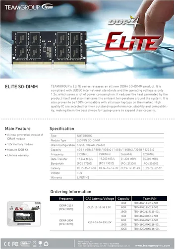 Vista 5 de TEAMGROUP Elite DDR4 8GB Single 2666MHz PC4-21300 CL19 sin búfer no ECC 1.2V SODIMM 260-Pin Laptop Laptop PC Módulo de memoria RAM Upgrade