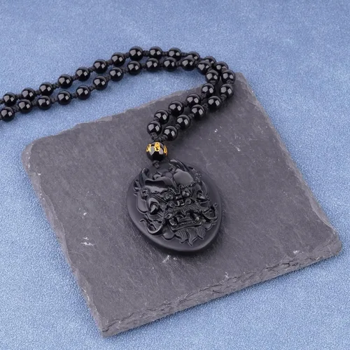 Vista 2 de ASGIFT Collar de la suerte de obsidiana, dije de protección de amuleto de piedra de poder con cadena de cuentas ajustable, cristal curativo, regalo