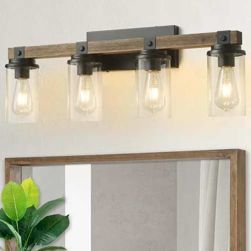 Vista 9 de Lámpara de Baño Estilo Granja de Madera Negra, Iluminación de Tocador de 2 Luces, Aplique de Pared de Madera, Accesorio de Pared Industrial Rústico