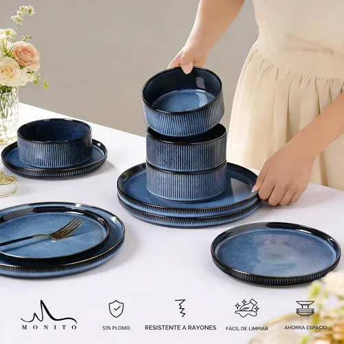 Vista 4 de Stoneware Dinnerware Sets for 4, 12Pcs Plates and Bowls Set, Midnight Blue