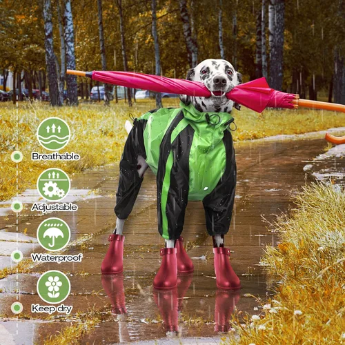 Vista 3 de Chubasquero para perros, chaqueta ligera de lluvia, poncho ajustable de 4 patas para mascotas con capucha, chaleco impermeable a la nieve, ropa