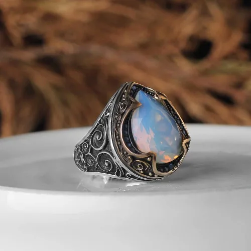 Vista 2 de 925 Sterling Silver Handmade Drop Shape Moonstone Ring for Men, Men Moonstone Ring, Gemstone Men Ring, Handmade Silver Ring, Gift for Men, Gift for