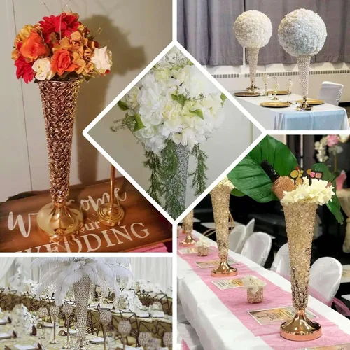 Vista 5 de Efavormart - Juego de 2 jarrones de trompeta con cuentas doradas de cristal para mesa de boda, 23 pulgadas de alto