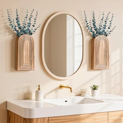 Vista 8 de DREAMLOOM Paquete de 2 jarrones de pared de madera con plantas artificiales de eucalipto, macetas para colgar en la pared, estilo bohemio y moderno