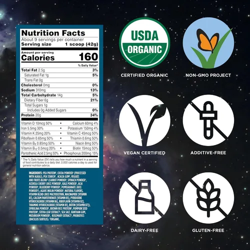 Vista 3 de Vega Organic All-in-One Proteína vegana en polvo sabor chocolate 9 porciones, ingredientes de superalimento, vitaminas para apoyo inmunológico