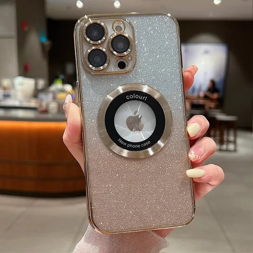 Vista 18 de Funda magnética con purpurina para iPhone 13 Pro Max, compatible con MagSafe con protector de cámara, logotipo suave, de lujo, linda, para mujeres