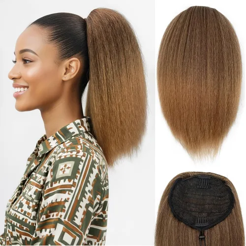 Vista 6 de Cola de caballo recta Yaki de 12 pulgadas con cordón para mujeres negras, sintética, gruesa, recta, longitud del hombro, extensión de cola