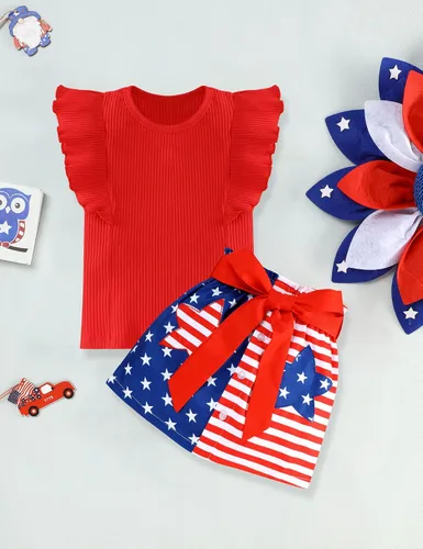 Vista 2 de Conjunto de falda para el Día de la Independencia para niña del 4 de julio, camiseta de manga voladora, falda con botones y bandera estadounidense