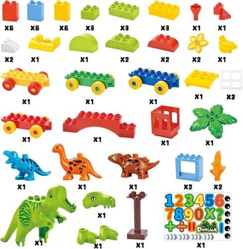 Vista 3 de Juguetes de bloques de construcción de dinosaurios, bloques de construcción con temática jurásica, con un tren de conteo, un gran T-rex y tres