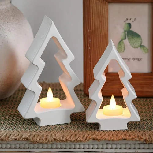 Vista 8 de AceOrbit 2 portavelas de árbol de Navidad, portavelas de madera blanca, candelabros rústicos de madera para decoración de mesa de Navidad, centro