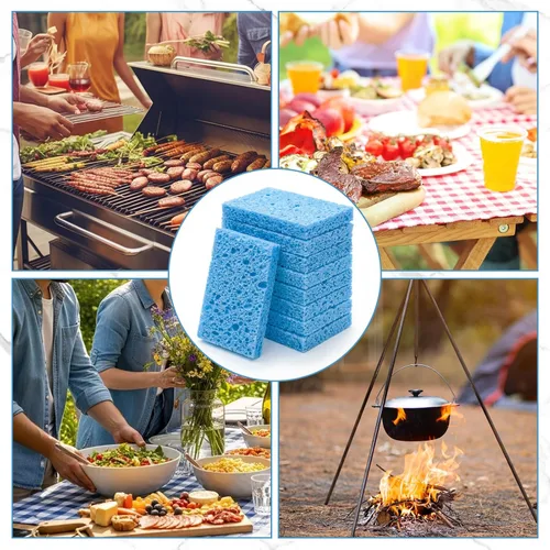 Vista 7 de Zhengmy 48 esponjas a granel, esponjas comprimidas de cocina, esponja natural para platos, limpieza de pulpa de madera comprimida sin rayar para Azul