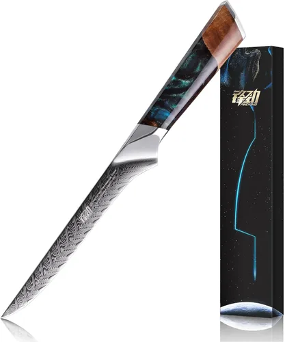 Vista 9 de FINDKING Nebula Series - Cuchillo de cocina con funda de ABS, cuchillo pequeño versátil, hoja de damasco 10Cr15CoMov, mango de resina y sicomoro Azul