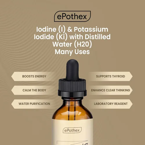 Vista 4 de EPOTHEX Lugol's Solution - Botella con cuentagotas de vidrio al 2% de 1 oz. Contiene yoduro de potasio y yodo, 1.0 fl oz