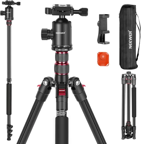 Vista 9 de NEEWER Basics - Trípode de viaje de 66.5"/169 cm para cámara, soporte DSLR portátil ligero con cabeza de bola, placa QR tipo Arca, soporte