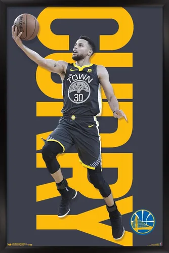 Vista 9 de Trends International NBA Golden State Warriors - Póster de pared de Stephen Curry 18, 14.725 x 22.375 pulgadas, versión enmarcada de madera