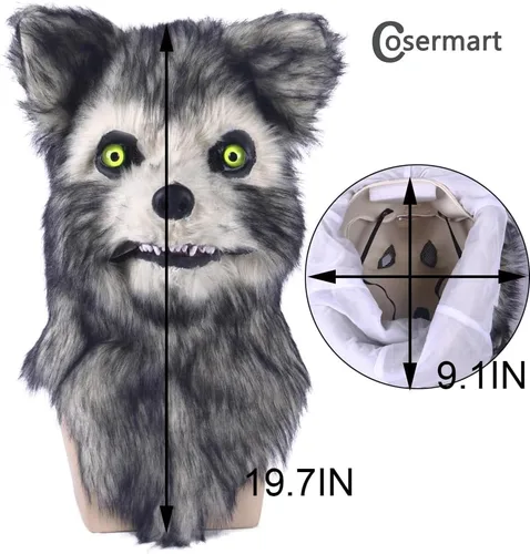 Vista 3 de Cosermart Máscara de lobo de zorro peludo, máscaras divertidas para perros, oso aterrador, mandíbula móvil realista, cabeza de animal de piel