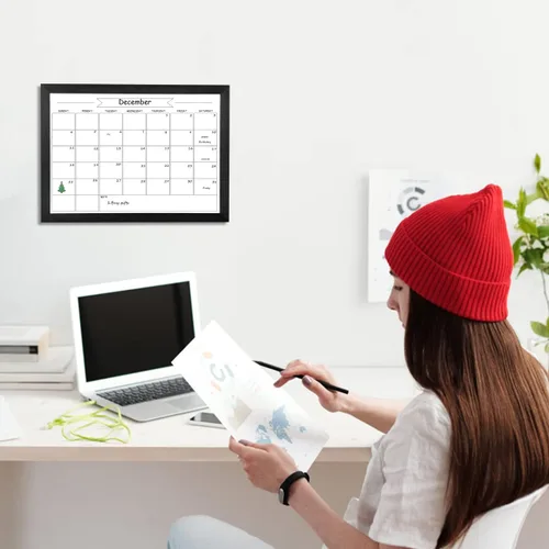 Vista 7 de Pizarra blanca de calendario mensual de borrado en seco, pizarra blanca magnética para pared, tablero colgante para oficina, escuela en casa, Negro