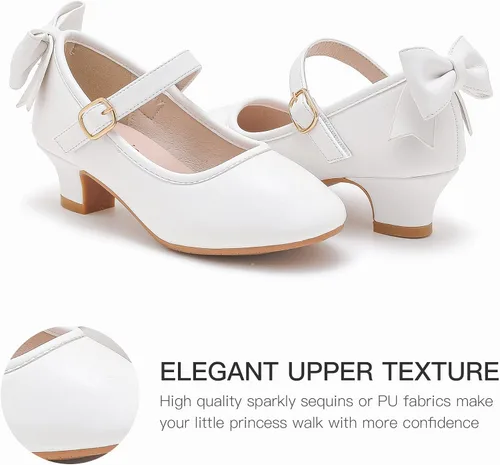 Vista 4 de Dufannie Zapatos de vestir para niñas, zapatos de tacón bajo de princesa, zapatos planos con purpurina para bodas y fiestas