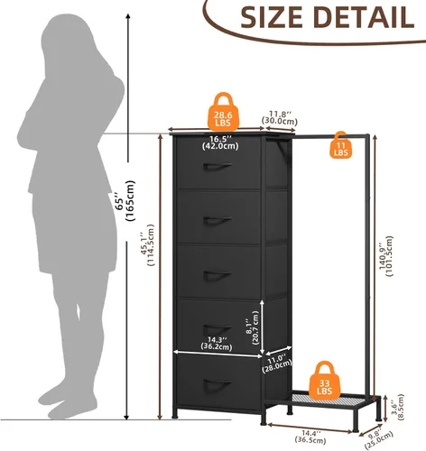 Vista 3 de Somdot - Cómoda con estante para colgar, 5 cajones, cómoda pequeña para dormitorio, cómoda reversible con estante para ropa, cómodas para niños