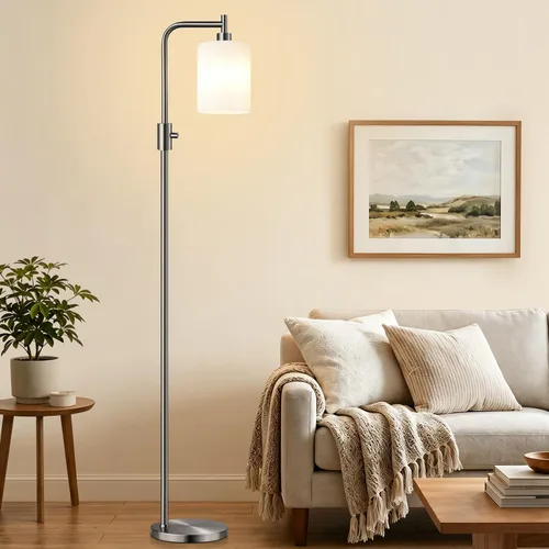 Vista 11 de 【Actualizada】Lámpara de pie regulable para sala de estar con pantalla de vidrio, lámpara de pie industrial moderna negra con bombilla LED de 900LM