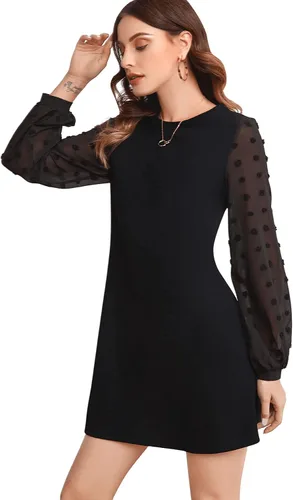 Vista 4 de SweatyRocks Vestido Mini Corto de Línea A de Manga Larga con Malla Elegante y Contraste para Mujer