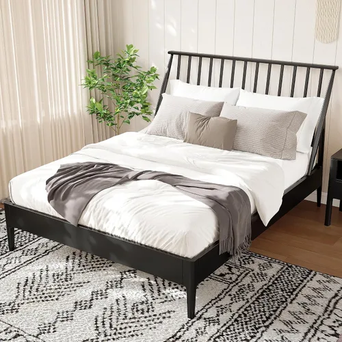 Vista 2 de JIVOIT Cama de plataforma de tamaño King con cabecera de 46.5 pulgadas de alto, marco de plataforma de madera de bambú maciza con listones de madera