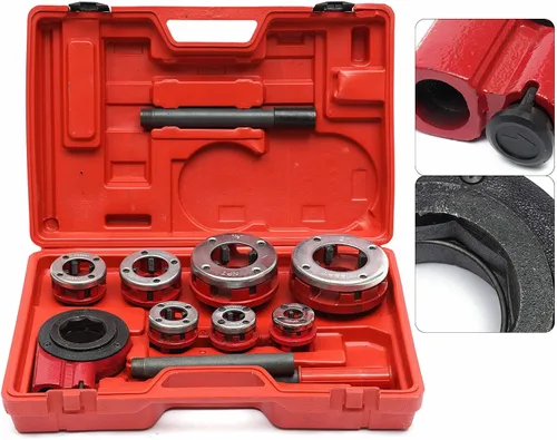 Vista 4 de Herramienta de roscado de tubería BSPT 7 Tamaño 3/8"- 2" Kit de troqueles de trinquete con trinquete manual de almacenamiento (7)