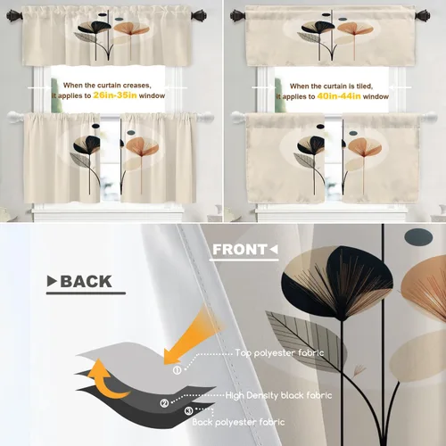 Vista 3 de Shrahala Floral Abstract Design Blackout Curtain Tiers, Minimalist Flower Illustration Kitchen Valance Light Blocking Tier Drapes with Rod Pocket, 2