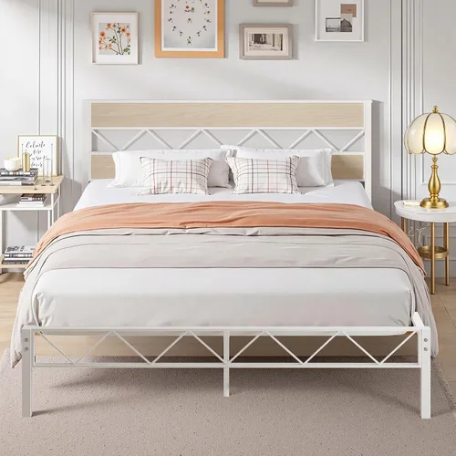 Vista 21 de VECELO Base de cama tamaño individual, plataforma de metal resistente con cabecera de madera, no necesita somier, color marrón antiguo