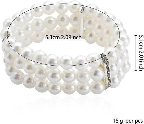Vista 6 de Pulsera de perlas de imitación de 3 filas para mujeres y niñas, vintage, multicapa, con diamantes de imitación, pulsera elástica de perlas