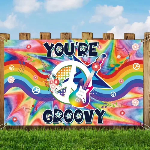 Vista 3 de You're Groovy - Telones de fondo para fotografía de fiesta de los años 60, decoración de pared, fondos para fotos, arco iris, tema hippie