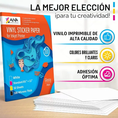 Vista 6 de Papel adhesivo de vinilo imprimible, papel de calcomanía impermeable para impresora de inyección de tinta, 50 hojas autoadhesivas, blanco brillante