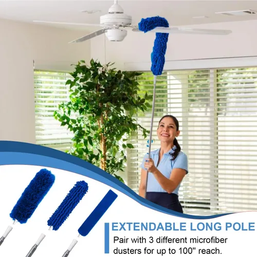 Vista 3 de Plumeros mejorados para limpieza (6 unidades), plumero de ventilador de techo con poste de extensión grueso de 100 pulgadas, plumero de microfibra