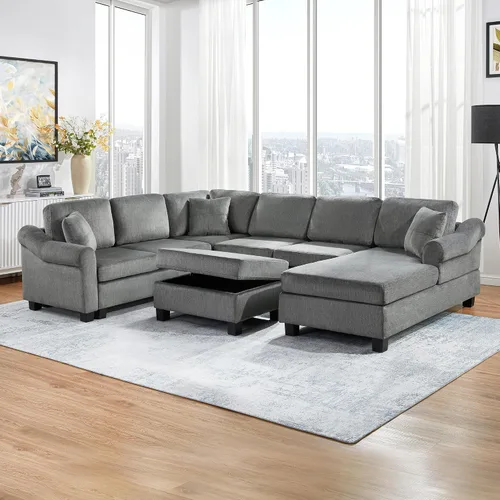 Vista 19 de JIVOIT Sofá cama moderno en forma de L con dos almohadas de respaldo, sofá cama modular de 124.8 pulgadas con cama extraíble, sofá modular Beige 052