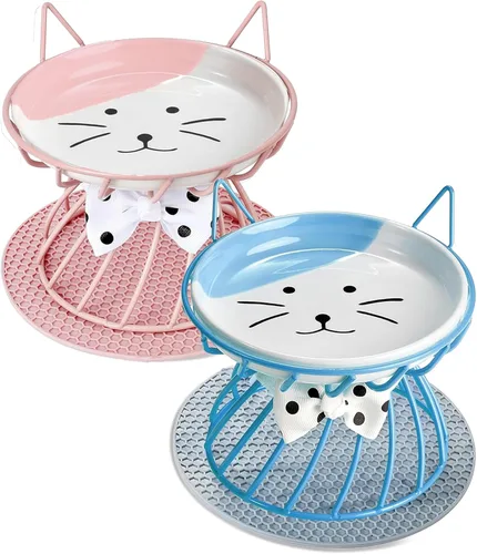 Vista 7 de Plato elevado de comida para gatos, cerámica, soporte antideslizante, estación de alimentación elevada, 5 pulgadas, poco profundo para bigotes, apto
