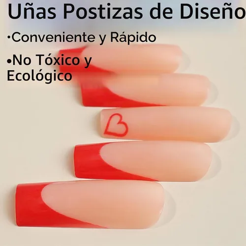 Vista 3 de Puntas de uñas postizas rojas francesas estilo bailarina, uñas postizas largas cuadradas, de cobertura completa, acrílicas, se aplican presionando
